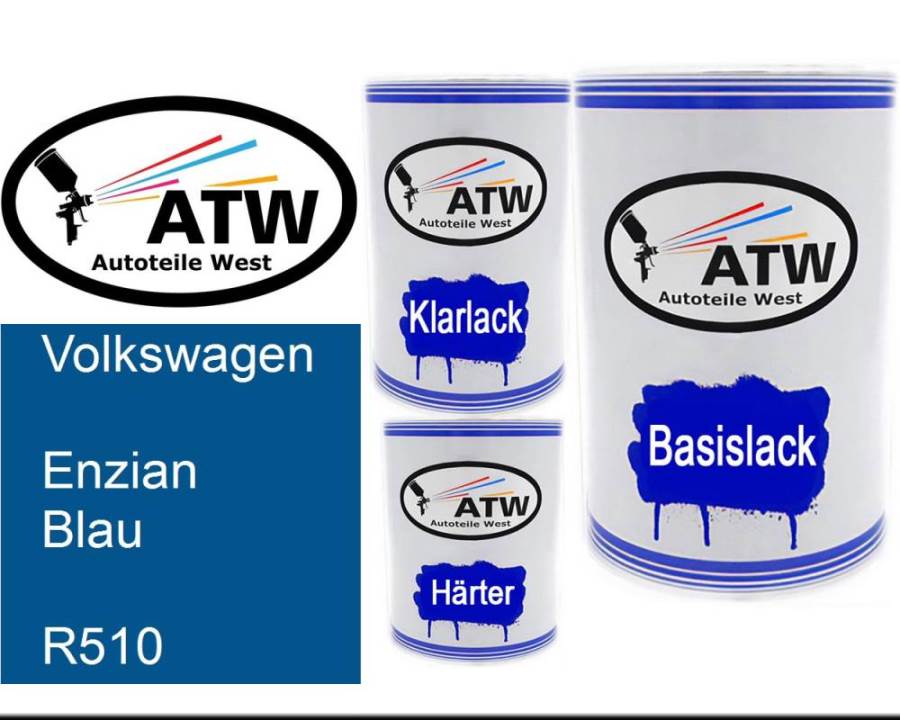 Volkswagen, Enzian Blau, R510: 500ml Lackdose + 500ml Klarlack + 250ml Härter - Set, von ATW Autoteile West.